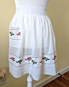 Vintage durchsichtig weiß Baumwolle Weihnachten Hostess Schürze rot & grün Stechpalme Borte & Tasche - Bild 1 von 7