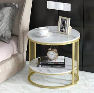 Marble End Side Table Round Two Storage Shelves for Versatile Sofa Snack Couch - Picture 1 of 16