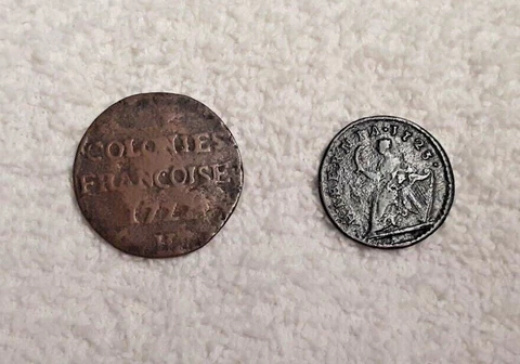 Lot of 2 Colonial Coins; 1-1722 Copper Sou/Nine Deniers & 1-1723 Hibernia Coin Cover