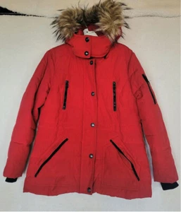 Women's Guess Red Puffer Jacket L/G, faux fur detachable hood, flaws on snaps - Picture 1 of 11