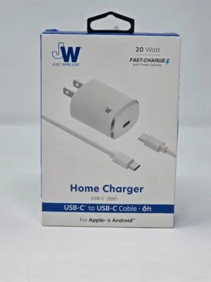Cargador doméstico Just Wireless 20W 1 puerto USB-C con cable USB-C a USB-C de 6' - blanco Foto 1 de 3