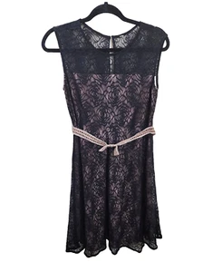 Mystree Size S Black Lace Overlay Round Neck Sleeveless Belted Fit & Flare Dress - Picture 1 of 7