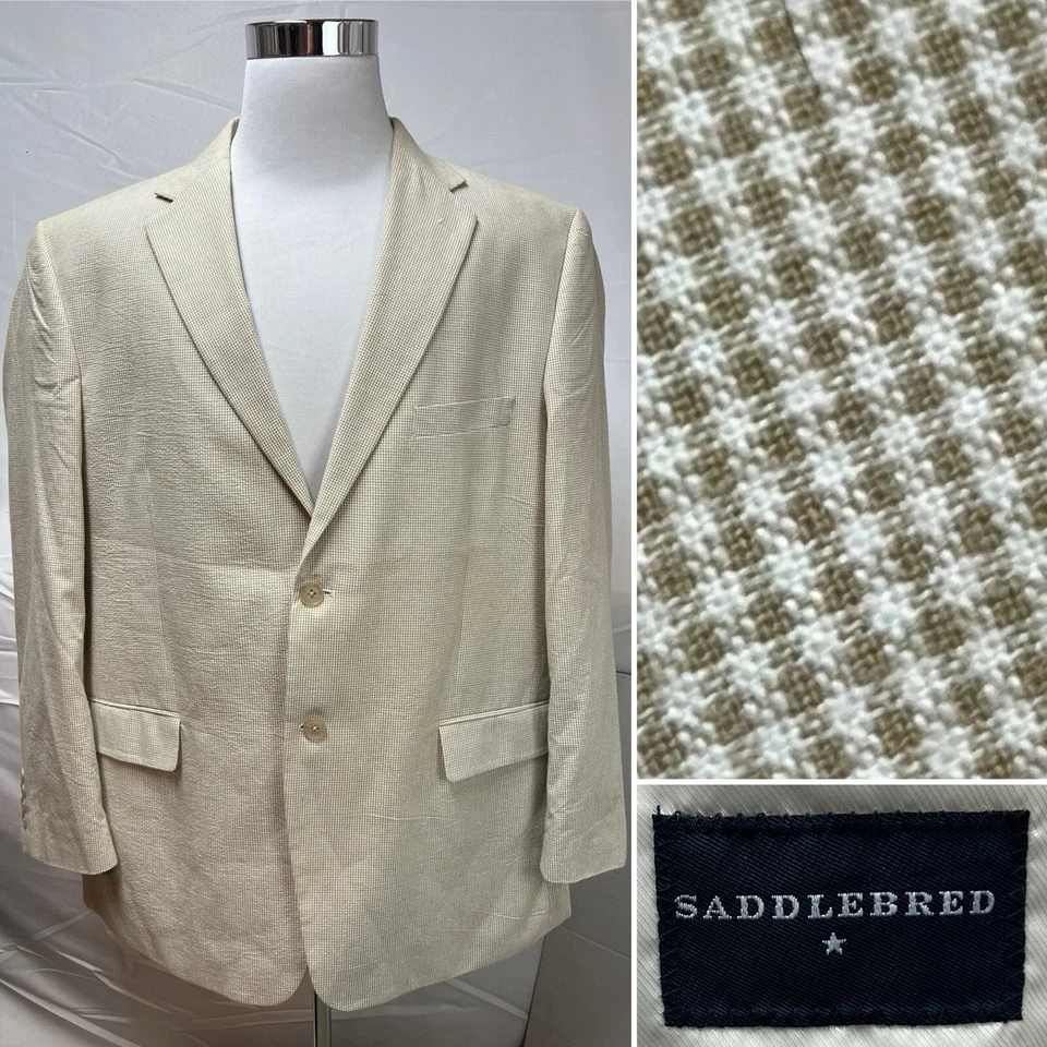 Saddlebred Mens 48R Cotton Beige Cream Gingham 2-Button Seersucker Blazer Jacket - Image 1 of 4