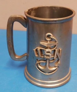 U S N - MARINEBLAU Vintage Sheffield Zinn Made in England Bierbecher mit Glasboden - Bild 1 von 6