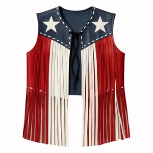 USA Flag Leather Fringe Vest Western Rodeo Biker Festival Unisex Cowboy Style - Picture 1 of 6