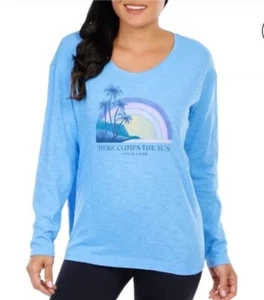 Camiseta Life is Good HERE COMES THE SUN Azul L/S Tropical Palmeras GRANDE NUEVA CON ETIQUETAS - Imagen 1 de 2