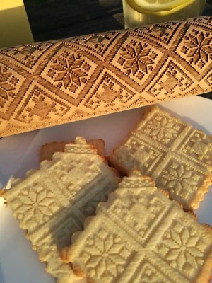  Scandinavian Engraved Rolling Pin Embossed Dough Roller Carved  Wooden Mold - Image 1 of 4