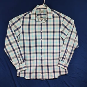 Statements Mens Large Shirt Slim Fit Stretch Blue Plaid Button Up Long Sleeve - Picture 1 of 4
