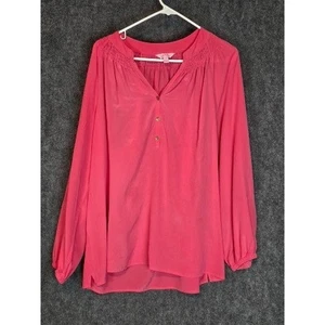 Lilly Pulitzer Bluse koralle gesmokter Ausschnitt Langarm Gr. XL Knopf Cottagecore - Bild 1 von 9