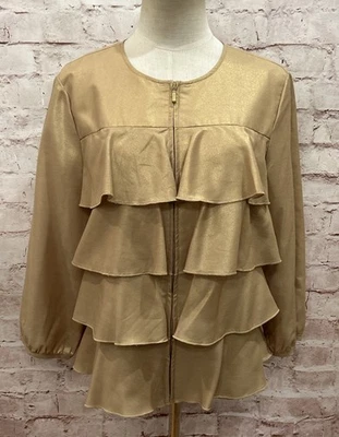 Jaqueta Sharon Young Feminina M com Zíper Camadas Babado Cropped Dourada Brilhante Metálica - Imagem 1 de 4