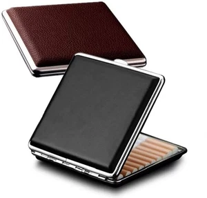 Cigarette Case Stylish Leather Surface Metal Box for 20 Black + Brown  - Picture 1 of 6