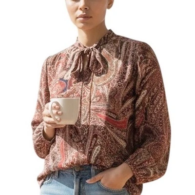 CHAPS DENIM 90s Style Boho Paisley Sheer Top Blouse Sz XL Neru Peasant Collar - Image 1 of 4