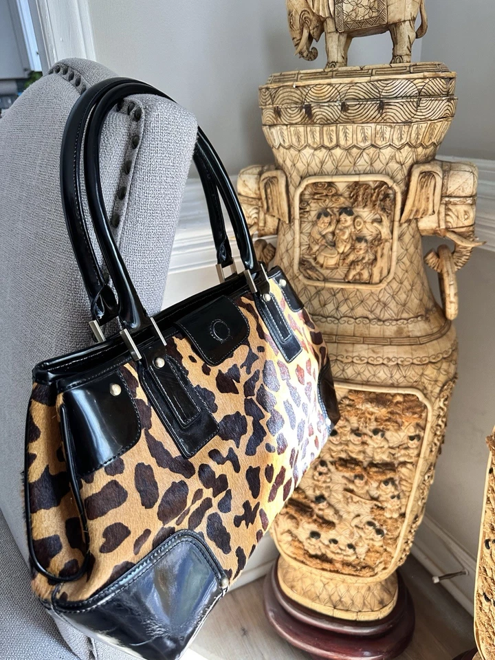 TALBOTS CALF HAIR LEOPARD PRINT BLACK PATENT LEATHER SATCHEL SHOULDER BAG BROWN - Image 1 of 4