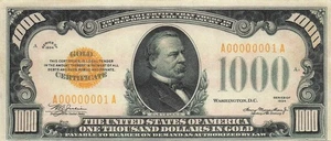 USA / Gold Certificate  $1000  Series 1928  Facsimile Uncirculated Banknote ZD 3 - Picture 1 of 2