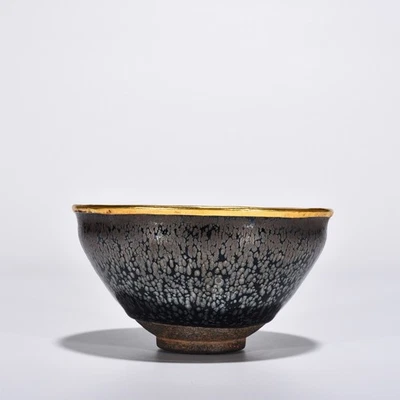 4.9"Old Retro Porcelain Song Jian Kiln Marked Fambe Oil Drop Gilt Gem Inlay Bowl - Image 1 of 4