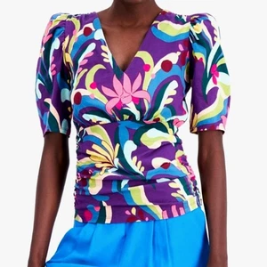 INC Cotton Printed Puff Sleeve Gathered Side Top Luciana Garden Size Small - $60 - Picture 1 of 9