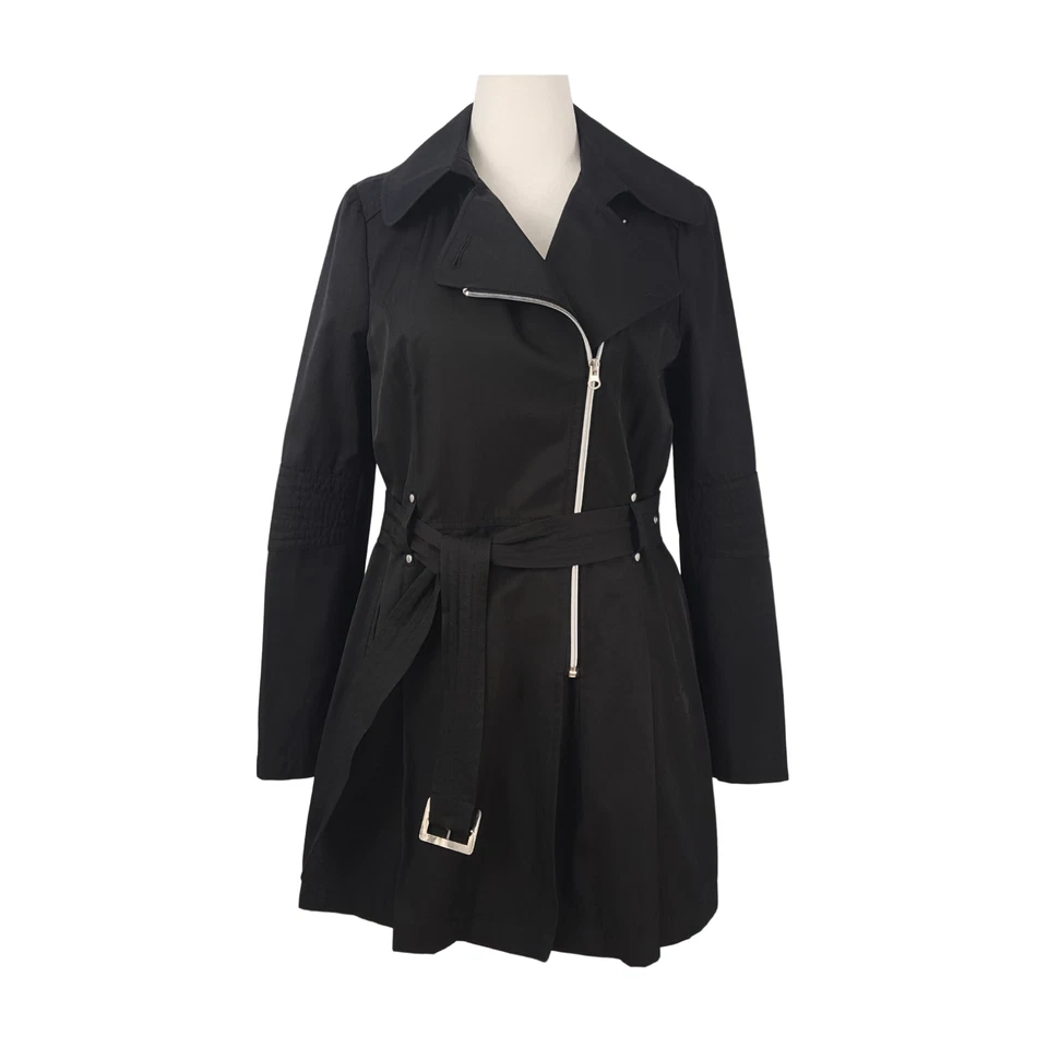 Black Rivet Women's Asymmetrical Zip Belted Trench Coat Size L - Image 1 of 4