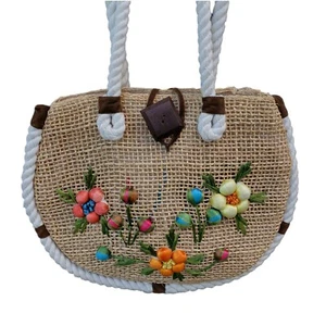 Vintage Woven Straw Raffia Shoulder Bag MOD Orange Yellow Flowers Embroidery - Picture 1 of 11