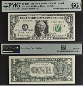 1969 $1 FRN - PMG 66EPQ - Dual Autographs Elston & Kennedy - Rare Collectors Gem - Picture 1 of 3