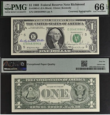 1969 $1 FRN - PMG 66EPQ - Dual Autographs Elston & Kennedy - Rare Collectors Gem - Image 1 of 3