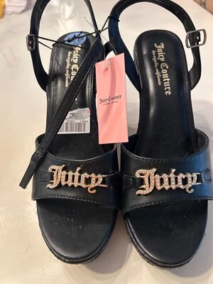 Juicy Couture Heel 8 Harlowe Black Wedge Sandal Gold Logo Embossed Ankle Strap - Image 1 of 2