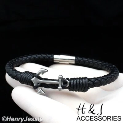 Pulsera de cuero de eslabones trenzados de anclaje negro/plateado de acero inoxidable de 8,25" HOMBRE MUJER Foto 1 de 2