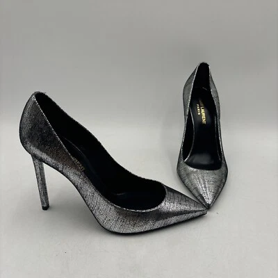 Tacones altos Saint Laurent Zoe metálicos plateados punta para mujer talla 37,5 Foto 1 de 4