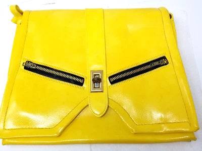 Bright Yellow Foldover Faux Leather Purse Black Zippers Stylish Shoulder Vtg - Image 1 of 4
