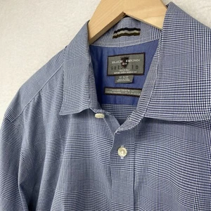 BLACK BROWN 1826 Shirt Mens 17.5 33 80s 2 Ply Slim Fit Non Iron Dress Check Blue - Picture 1 of 12