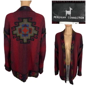 Cardigan PERUVIAN CONNECTION piccolo 100% alpaca sud-ovest azteco aperto davanti rosso - Foto 1 di 11