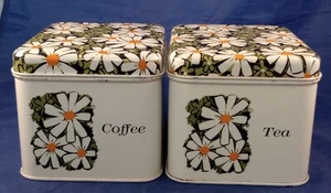 Vintage Set Of 2 Cheinco Metal Tins Canisters Daisies, Tea Coffee - Picture 1 of 11
