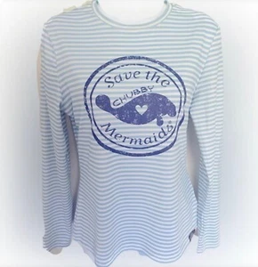 CHUBBY MERMAID Girls L/14 Manatee Striped Long Sleeve Sun Beach Swim UPF Shirt - Picture 1 of 5