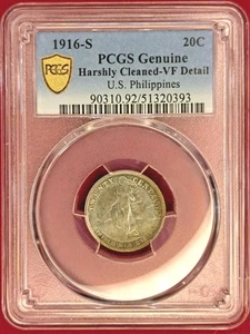 1916-S U.S. Philippines 20 Centavos – PCGS Genuine – VF Detail (1.7) - Picture 1 of 2