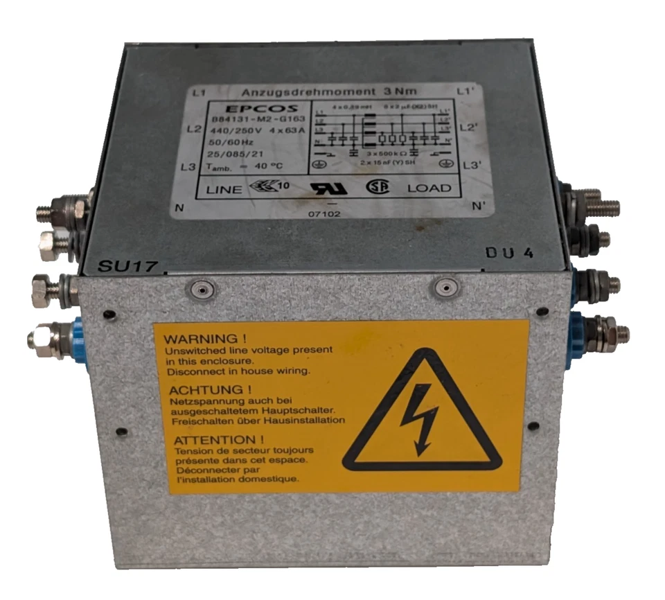 EPCOS B84131-M2-G163 power 4-line filter 63A, 440/250V, 50/60Hz, chassis mount - Image 1 of 4