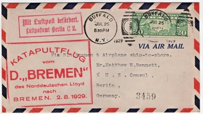 1929 SS Bremen Catapult - Katapultflug Mail, Buffalo Ny. to Berlin Germany - Image 1 of 2