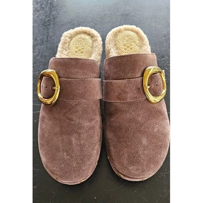 Vince Camuto Faux Fur Fleece Mules Canzenee Clog Women Size 6.5 Brown Suede - Image 1 of 4
