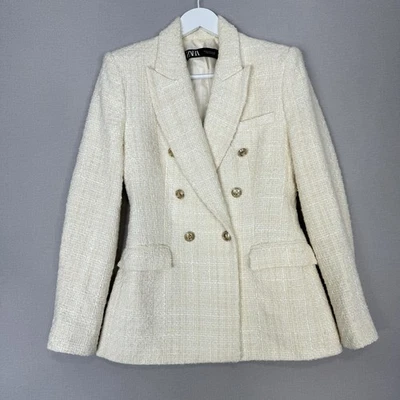 ZARA Tweed Double Breasted Blazer Womens Medium Cream Textured Old Money Career - Image 1 of 4