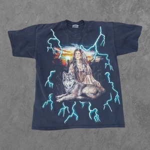 Camicia Vintage USA Thunder Native American Wolf AOP punto singolo M Lightning - Foto 1 di 7