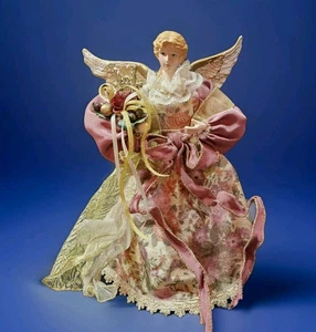 Vtg Victorian Blonde Angel Tree Topper Rose Pink Gold Floral Skirt Harp - Picture 1 of 9