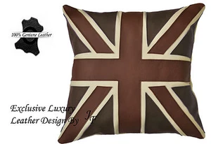 2 X EXCLUSIVE LUXURY GENUINE LEATHER CUSHION DESIGN UNION JACK LARGE BROWN TAN - Picture 1 of 3