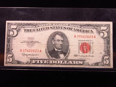 USA $5 1963 A37422623A # UNITED STATES Note RED Seal LINCOLN Bill Dollar Money - Image 1 of 2