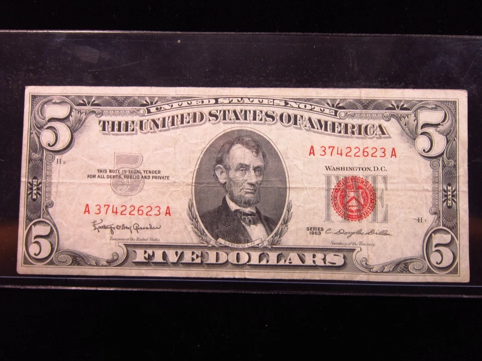 USA $5 1963 A37422623A # UNITED STATES Note RED Seal LINCOLN Bill Dollar Money - Image 1 of 2