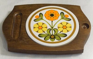 Retro Wood and Flower Patterned Tile Cheese Tray, MCM - Picture 1 of 3