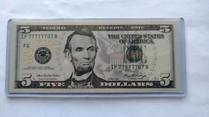 $5 Federal Reserve Note CRISP Uncirculated. Series 2006-Serial # IF 77777707 B. - Picture 1 of 4