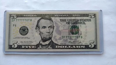 $5 Federal Reserve Note CRISP Uncirculated. Series 2006-Serial # IF 77777707 B. - Image 1 of 4