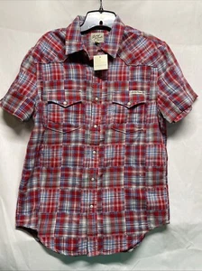 Hombres Lucky Brand Perla Camisa a Presión Pequeña A Cuadros Azul Rojo Blanco Manga Corta Nueva con Etiquetas - Imagen 1 de 12