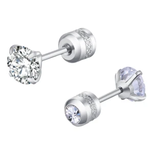 Women Men Silver Stainless Steel Round CZ Stud Earrings Screw Back Gift PE30 - Picture 1 of 18