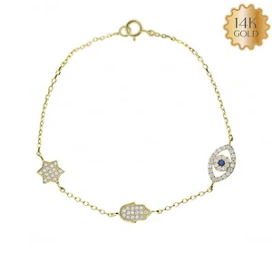 14k Diamond Sapphire Star Evil Eye Hamsa Gold Charm Bracelet-For Gift🎁 - Picture 1 of 7