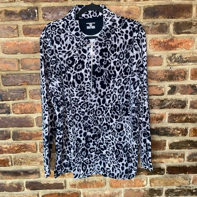 Moletom feminino Jones New York bege preto leopardo quarto 1/4 zíper lã GG - Imagem 1 de 4