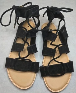 Bamboo Women’s Gladiator Sandals Black Suede Strappy Lace Up Size 8 Flat Shoes” - Picture 1 of 10